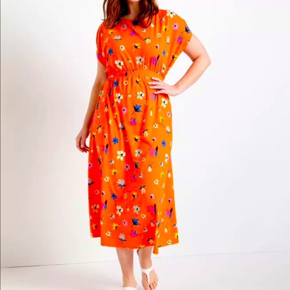 Eloquii drop sleeve orange floral jersey midi dress NWT